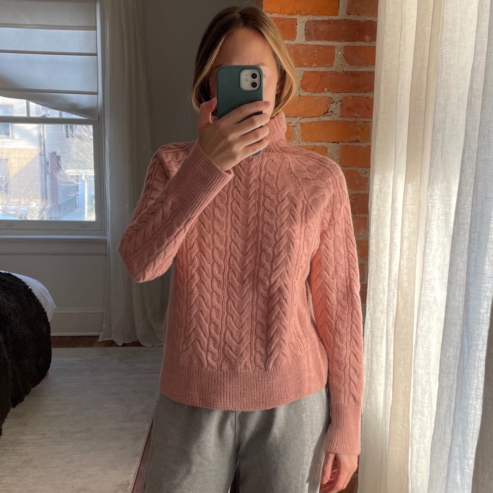 Reformation Pink Turtleneck Cable Knit Sweater